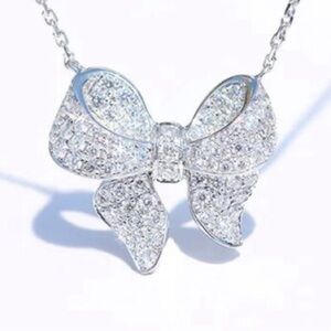 Elegant 925 Sterling Silver & Cubic Zirconia Bowknot Pendant Necklace